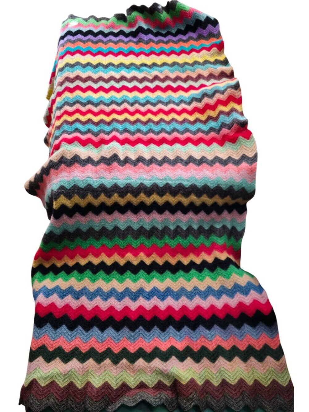 Vintage 1970s Wool Blend Rainbow Chevron Zigzag Knitted Throw Blanket 59" X 34" - Picture 3 of 8